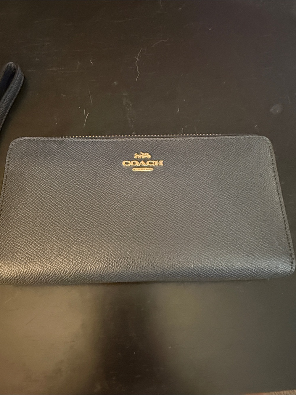 Coach Navy Leather Zip-Around Wallet with Gold Logo